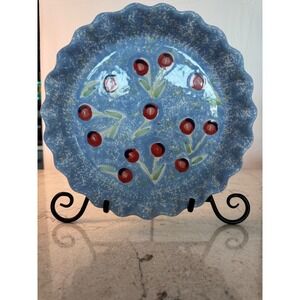 Roma Italy Hand Painted Ceramic Pie Dish Scalloped Blue Cherry Tart Pan Vintage
